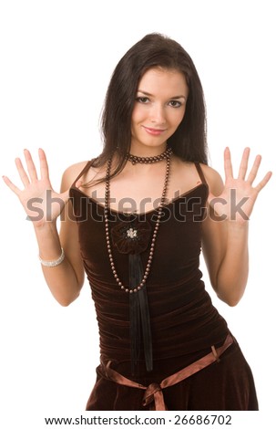 pretty woman in brown dress on white background