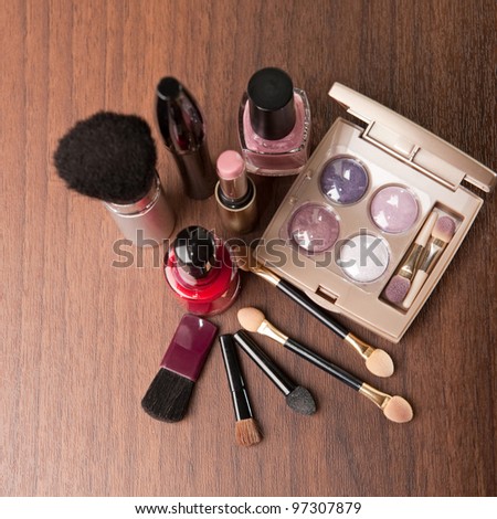A set of makeup cosmetics on a table