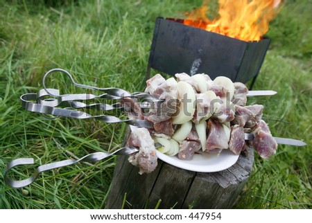 shashlik, dish consisting of lamb meat and other vegetables roasted on a skewer, shish kebab