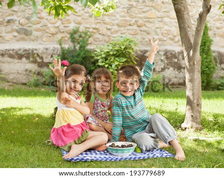 Kids playng and having picnic in backyard