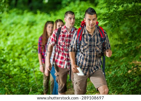 Group of young friends hiking in the forest