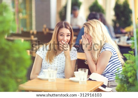 Two young girlfriends sitting in a cafe chatting and drinking coffee