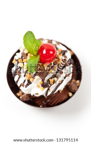 Dessert. Sundae Mousse Brownie Cup with cherry