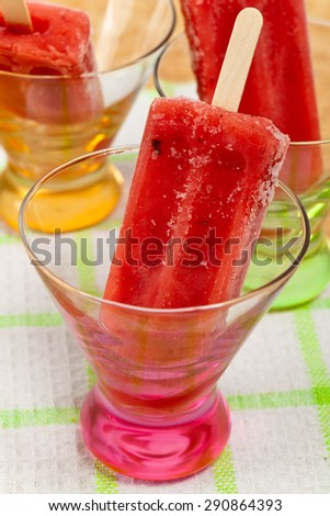 Popsicles Frozen Strawberry Fruit Bars. Selective focus.