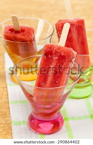Popsicles Frozen Strawberry Fruit Bars. Selective focus.
