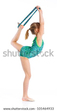 Little gymnast with a rope on a white background. Sporting exercise, stretch, flexibility, aerobics