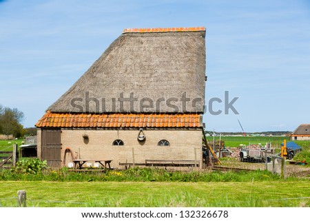 Monumental sheep barn on texel with sheep - old farm at the island of texel