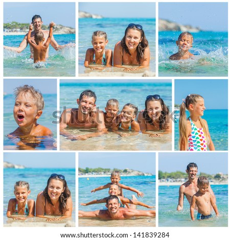 Collage of images portrait of happy family laughing and looking at camera on the beach