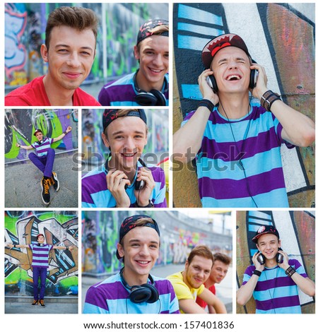 Collage of images happy teens boy with his friends by painted wall sunrise listening to music.