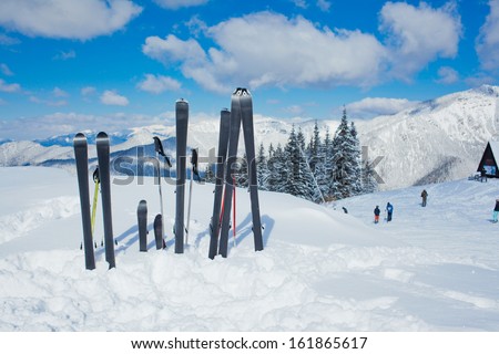 A family set of skis, ski poles in the snow mountains.