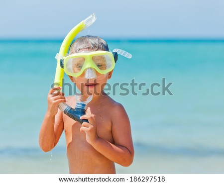Summer vacation - Portrait of happy boy in face masks and snorkels, sea in background.