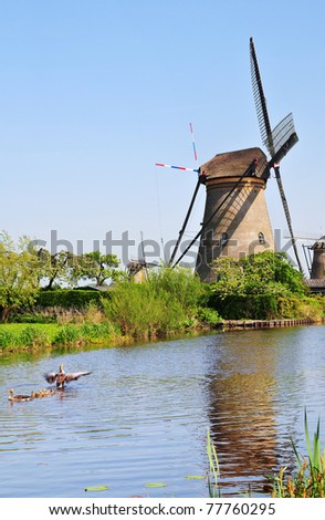 Holland. Vertical Panorama of canals and water mills