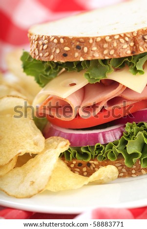 Delicious sandwich with ham, cheese, tomato, onion and lettuce, served with chips