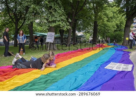 RIGA, LATVIA - JUNE 20: EuroPride 2015 in Riga on JUNE 20, 2015. \
Riga hosted Europride in 2015. Dates 15 June - 21 June.\
Theme - \'Be the Change! Make History! Changing history is hot!\'