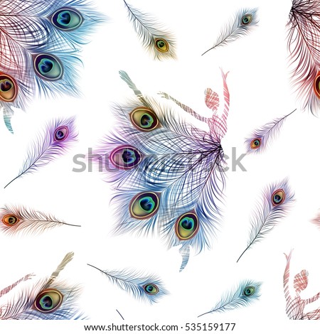 Seamless pattern with dancing ballerinas on a white background. Vector ornament with peacock feathers.