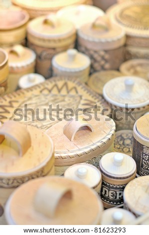 Wooden souvenirs. Woven from birch bark souvenirs box. Sale of Russian souvenirs.
