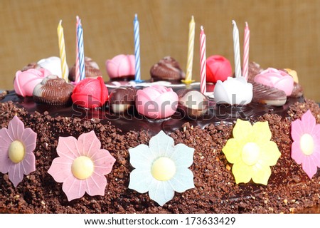 chocolate birthday bright cake closeup