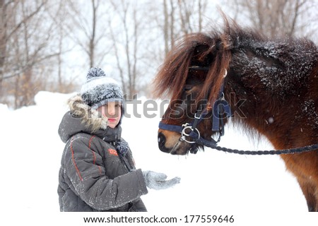little boy feeding horses outdoors