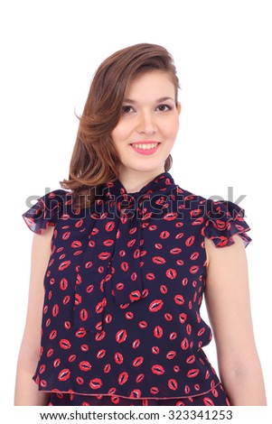 pretty young woman wearing lips printed blouse
