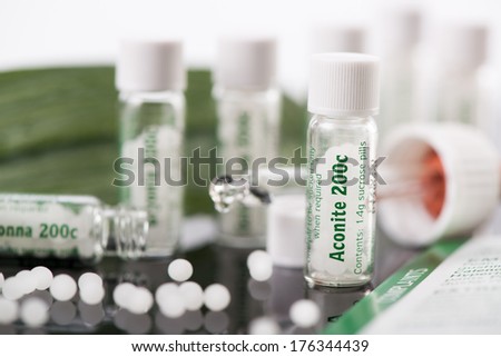 Bottles with homeopathic remedies. Aconite pills.