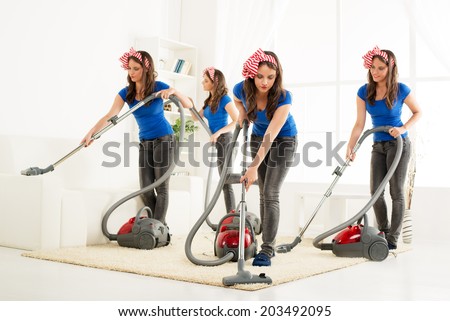 Multitasking young beautiful maid cleaning the house. Same person in many position...