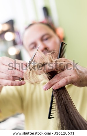 Man hairdresser cutting the hair of a woman.