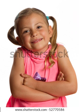 Pretty Little Girl Folding Her Arms And Shrugging Her Shoulders Stock ...