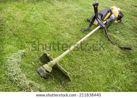 Petrol trimmer is on the sloped lawn in the garden