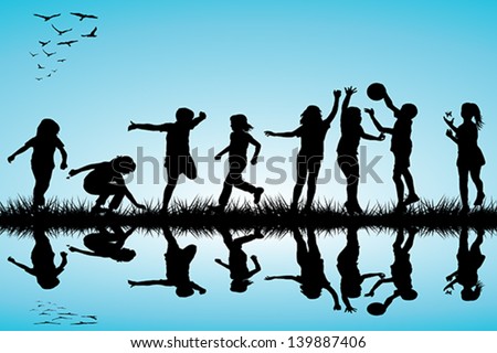 Group Of Children Silhouettes Playing Outdoor Stock Vector Illustration ...