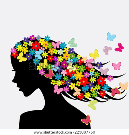Beautiful woman profile silhouette with flowers and butterflies in her hair
