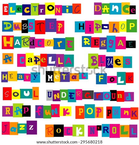 Music genres made of colorful letters