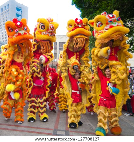 FOSHAN CITY, CHINA - JANUARY 31: Chinese New Year Lion Dance on January 31, 2013 in Foshan, China
