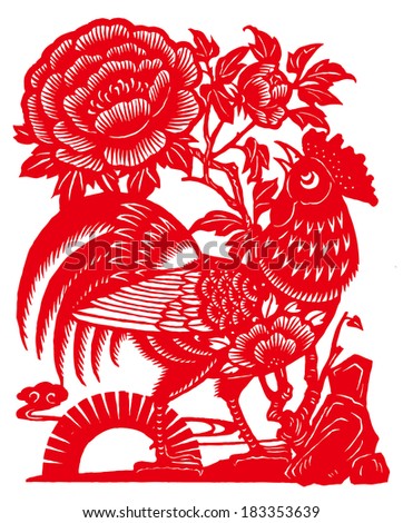 China paper-cut -- the cock and the peony flowers, meaning riches, honour and splendor