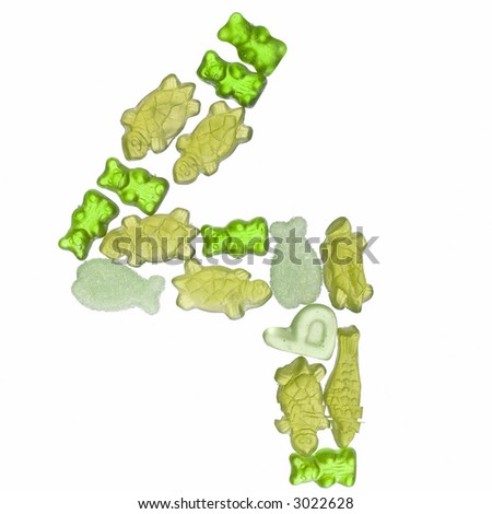 number 4 made out green jelly candy (isolated on white)