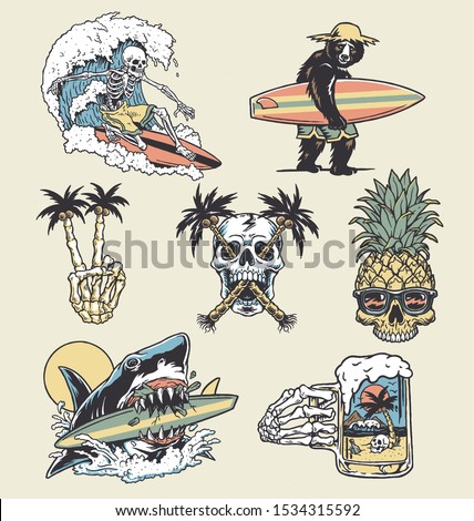 A set of edgy surf and beach illustrations. For t-shirts, stickers and other similar products.