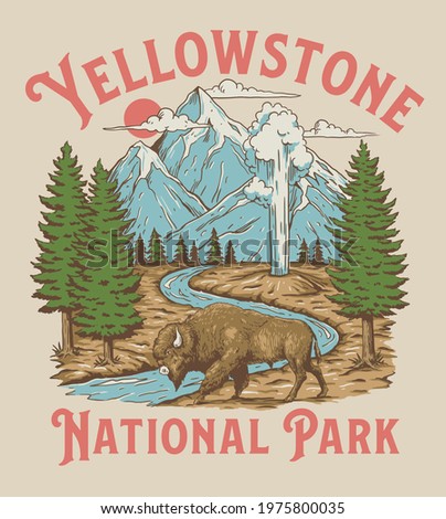 Vintage Yellowstone National Park Bison Mountain Geyser Scene