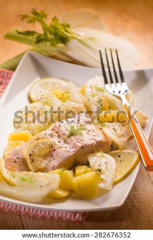 salmon with fennel and potatoes, selective focus