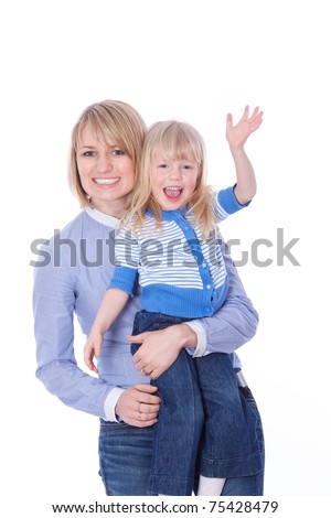 Happy smiling mom and child waving hello looking at camera