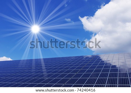 Clean energy generating solar panel and sun.