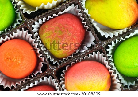 gift box of assorted marzipan in the form of fruits - closeup details