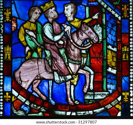 Religious medieval stained glass window in cloister New York - details