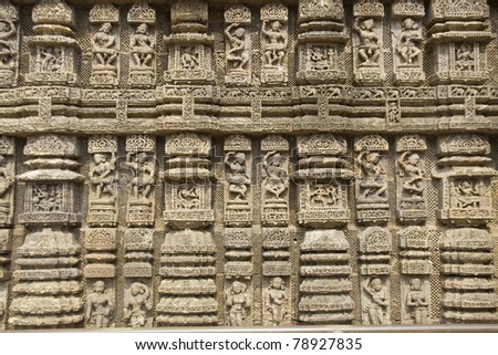 Depiction of various music and dance poses by deft hands on wall of Sun Temple, Konark, Orissa, India, Asia