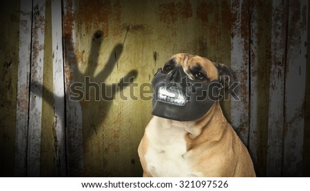 Dog in a scary mask with a digital background for halloween