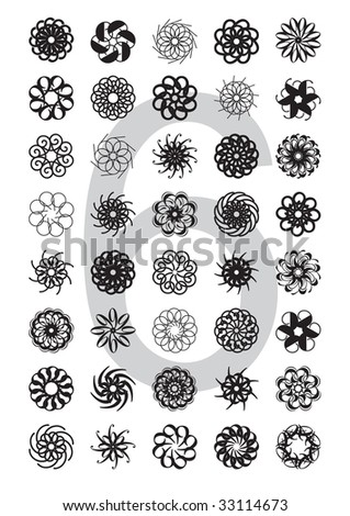 decorative design element series (flowers, stars, suns), created by rotation of the digit 6, using various typefaces; vector illustration - scalable and editable.