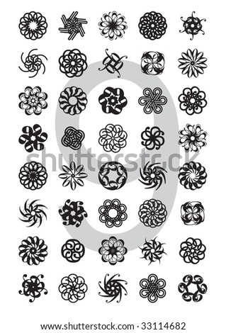 decorative design element series (flowers, stars, suns), created by rotation of the digit 9, using various typefaces; vector illustration - scalable and editable.