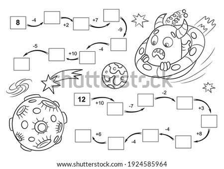 Aliens coloring page. Monsters vector. Math educational games for children. Fill in the line, write the missing numbers. Animals coloring book 