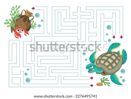 Vector illustration of maze (labyrinth) educational game. Turtle maze for children. Sea life cartoon. Logical game. Animals cartoon