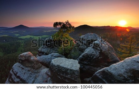 Sunset in mountain with sun - panorama - Czech Republic