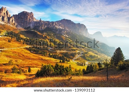 Beautiful summer landscape in the mountains. Sunrise - Italy alp dolomites