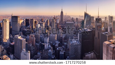 New York skyline at sunset, USA.